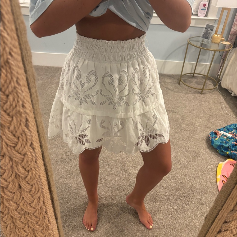 Anthropologie White Bubble Mini Skirt with Smocked Tiered Design